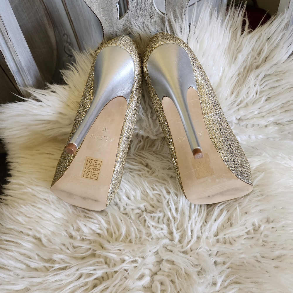 ALDO Gold Glitter Peep Toe Stiletto Pumps - Size Eur 37 U.s. 6.5 - Picture 4 of 7